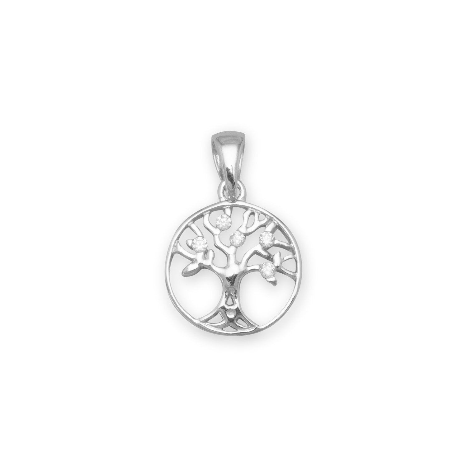 Rhodium Plated CZ Tree of Life Pendant - Joyeria Lady