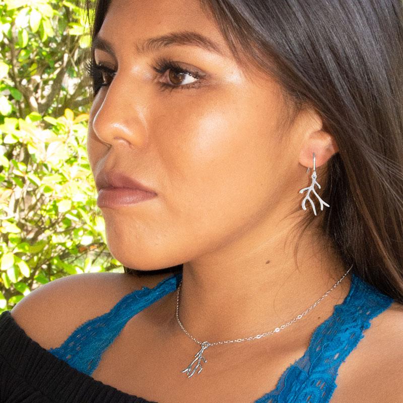 Rhodium Plated Polished Antler Design French Wire Earrings - Joyeria Lady