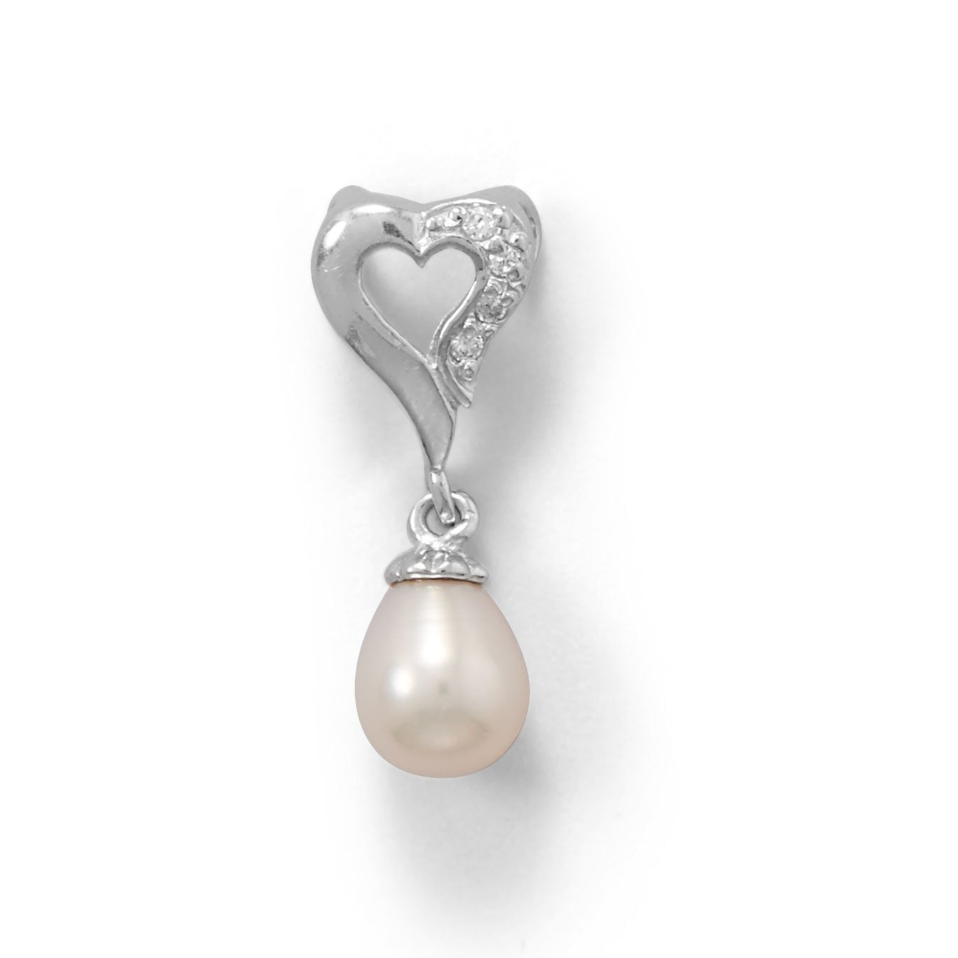 Rhodium Plated Heart Slide with CZ and Cultured Freshwater Pearl - Joyeria Lady