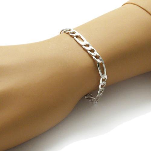 Stylish Sterling Silver Figaro Chain Bracelet in 7mm (Gauge 180) width. Available in 8" and 9" Lengths. - Joyeria Lady
