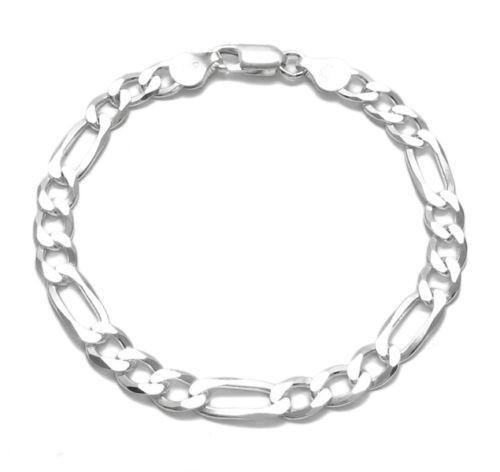 Stylish Sterling Silver Figaro Chain Bracelet in 7mm (Gauge 180) width. Available in 8" and 9" Lengths. - Joyeria Lady