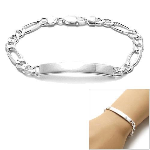 Elegant 7mm (180 Gauge) Sterling Silver Figaro Link ID Bracelet with Engravable Plate. Available in 2 Lengths. - Joyeria Lady