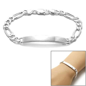 Elegant 7mm (180 Gauge) Sterling Silver Figaro Link ID Bracelet with Engravable Plate. Available in 2 Lengths. - Joyeria Lady