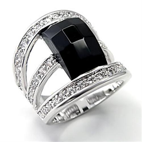 7X055 Rhodium Brass Ring with AAA Grade CZ in Jet - Joyeria Lady