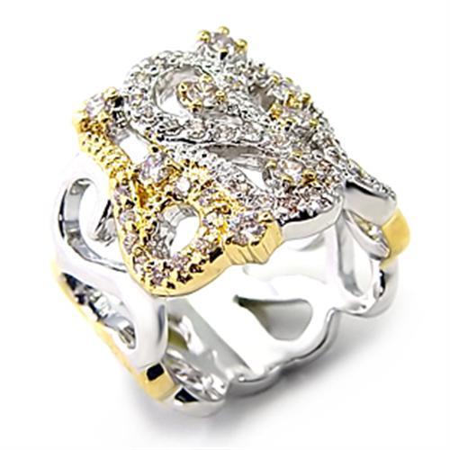 7X090 Reverse Two-Tone Brass Ring with AAA Grade CZ in Clear - Joyeria Lady