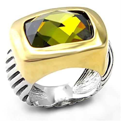 7X127 Reverse Two-Tone Brass Ring with AAA Grade CZ in Olivine color - Joyeria Lady