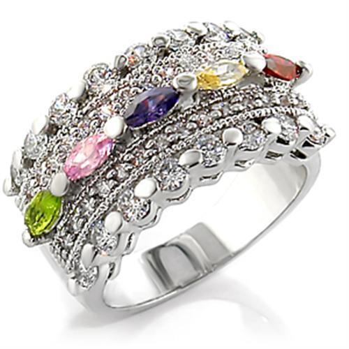 7X129 Rhodium Brass Ring with AAA Grade CZ in Multi Color - Joyeria Lady