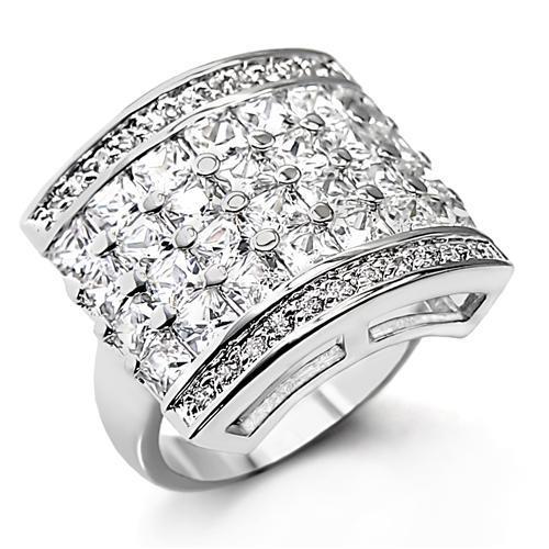7X146 Rhodium Brass Ring with AAA Grade CZ in Clear - Joyeria Lady