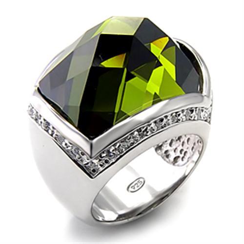 7X156 - Rhodium 925 Sterling Silver Ring with AAA Grade CZ  in Olivine color - Joyeria Lady