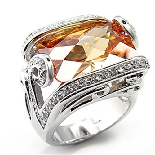 7X180 - Rhodium 925 Sterling Silver Ring with AAA Grade CZ  in Champagne - Joyeria Lady