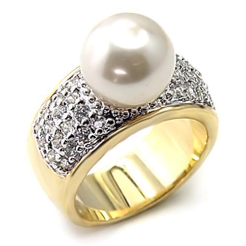 7X209 - Gold+Rhodium 925 Sterling Silver Ring with Synthetic Pearl in White - Joyeria Lady