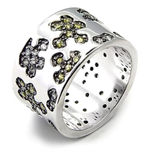 7X229 - Rhodium + Ruthenium 925 Sterling Silver Ring with AAA Grade CZ  in Olivine color - Joyeria Lady