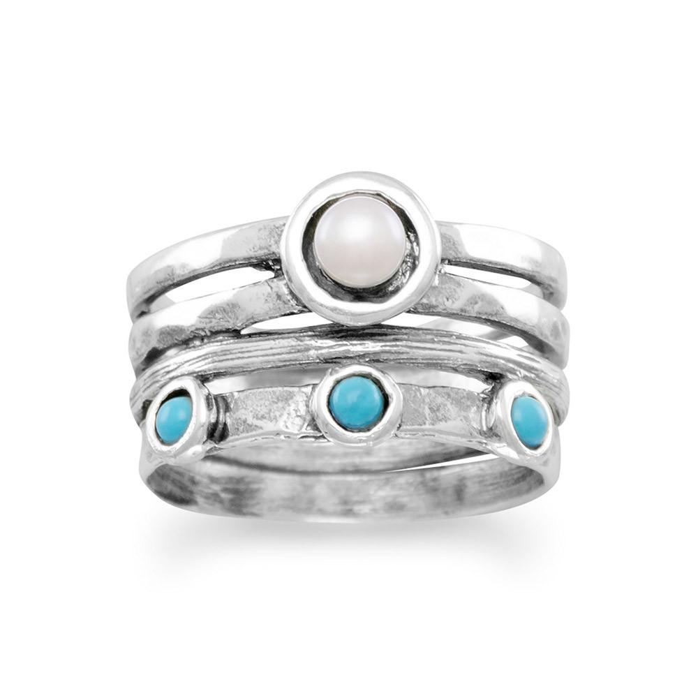 Oxidized Cultured Freshwater Pearl and Reconstituted Turquoise Ring - Joyeria Lady