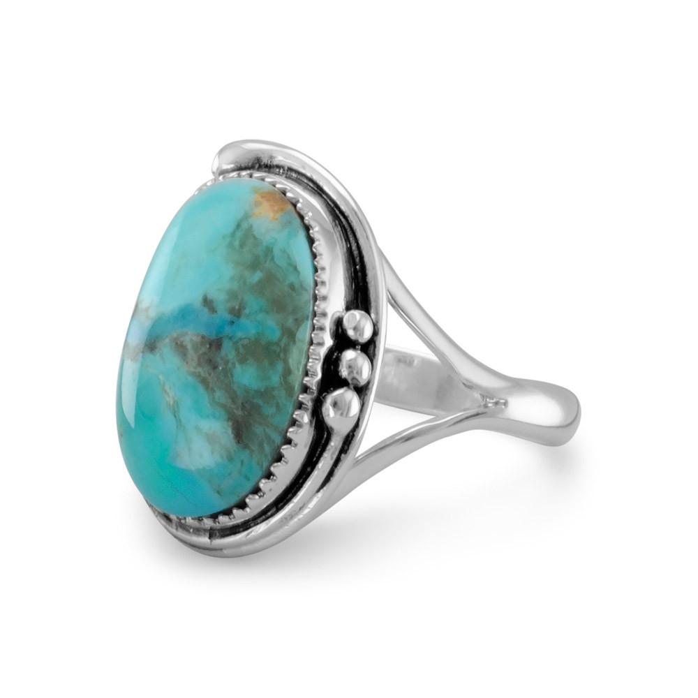 Oval Reconstituted Turquoise Floral Design Ring - Joyeria Lady