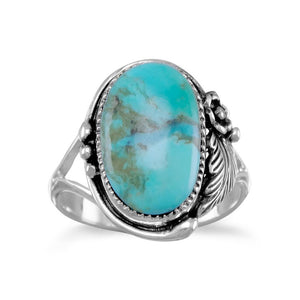 Oval Reconstituted Turquoise Floral Design Ring - Joyeria Lady