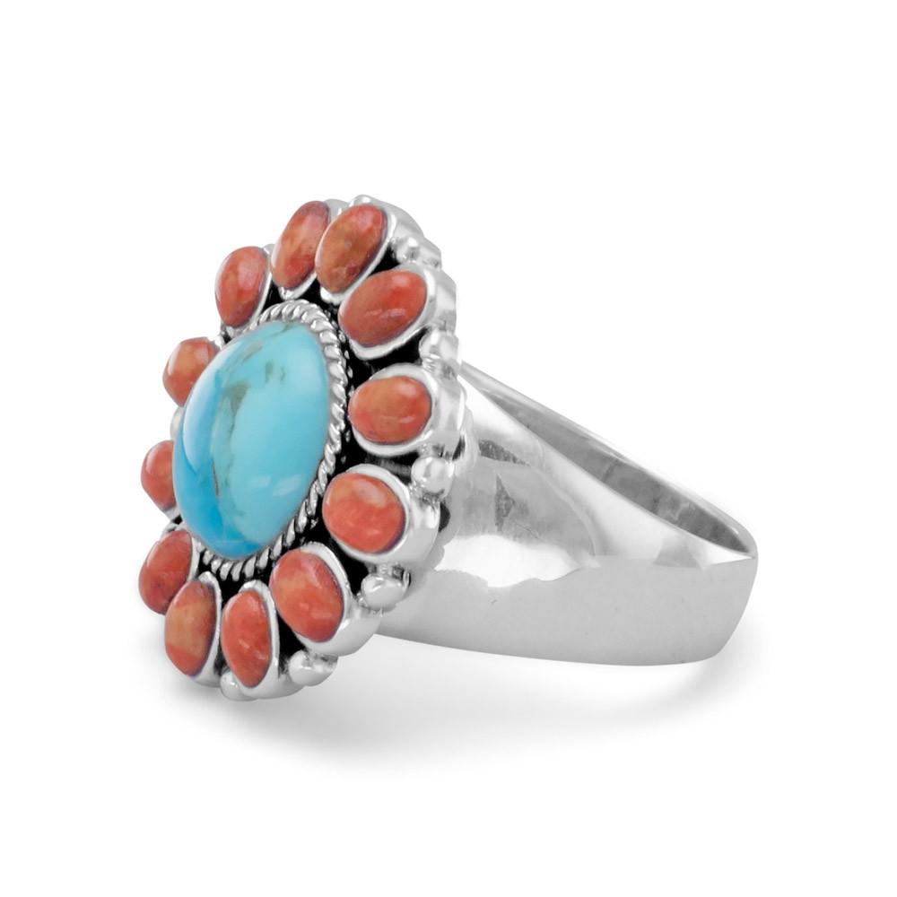 Reconstituted Turquoise and Coral Sunburst Ring - Joyeria Lady