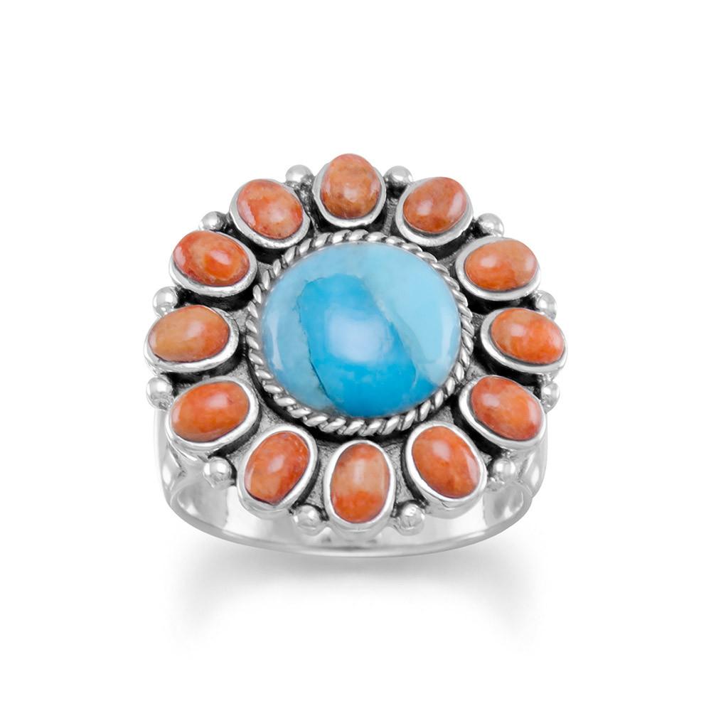 Reconstituted Turquoise and Coral Sunburst Ring - Joyeria Lady