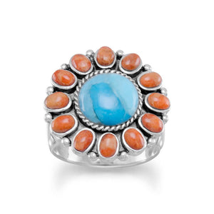 Reconstituted Turquoise and Coral Sunburst Ring - Joyeria Lady