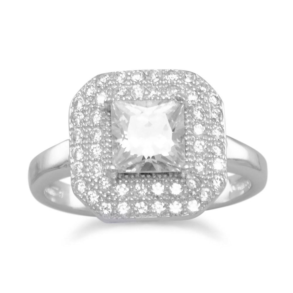 Rhodium Plated Ring with Square CZ - Joyeria Lady