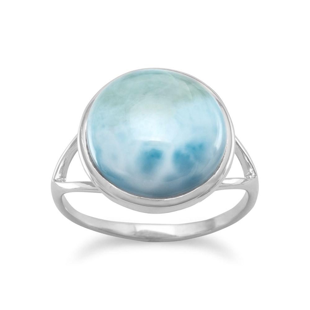 Rhodium Plated Round Larimar Ring - Joyeria Lady