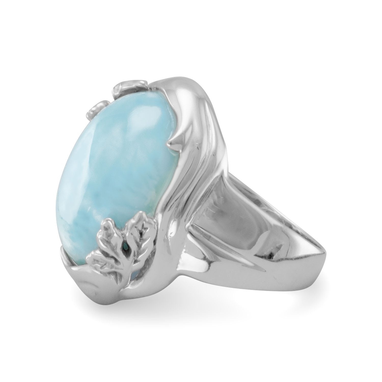 Rhodium Plated Larimar Ring with Leaf Design - Joyeria Lady