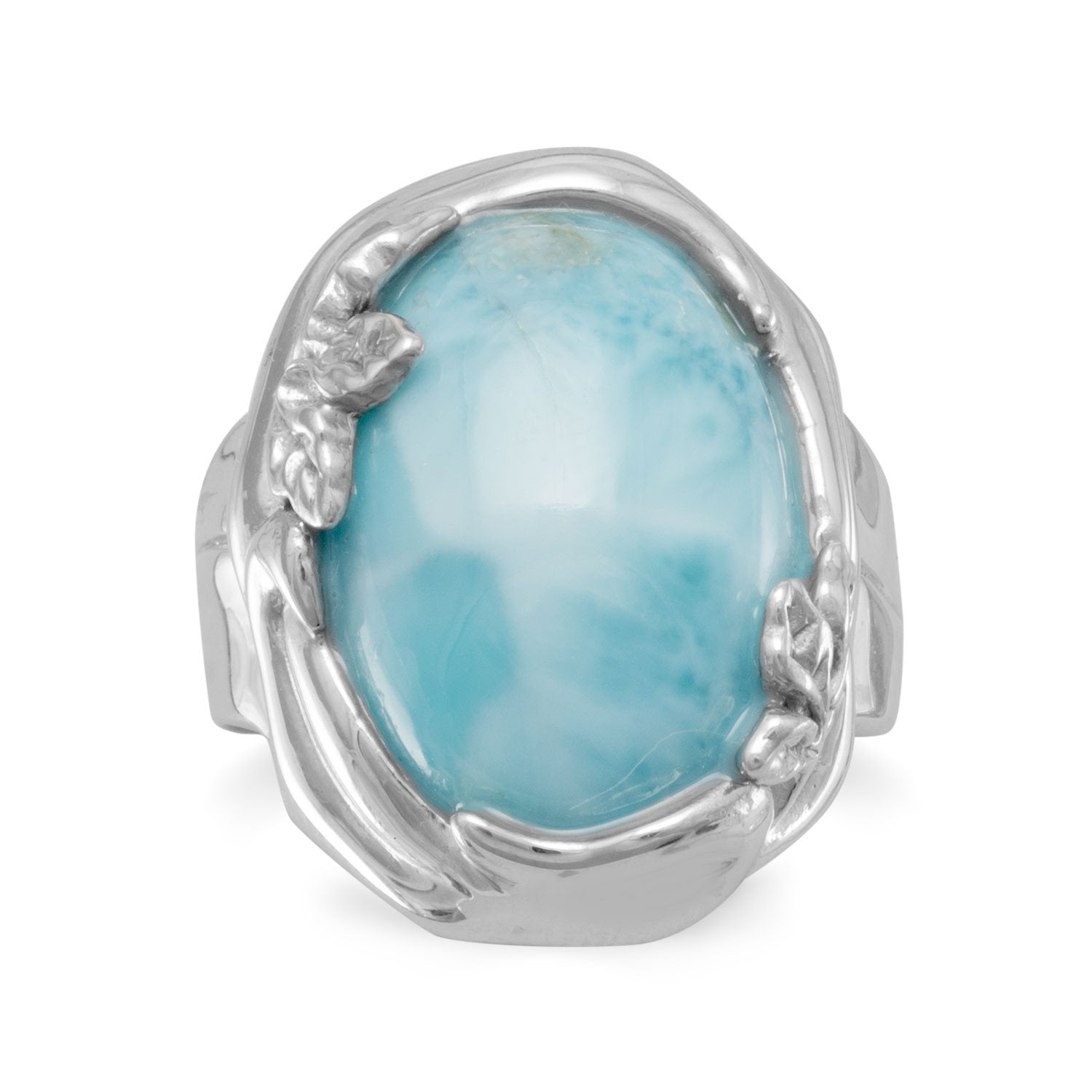 Rhodium Plated Larimar Ring with Leaf Design - Joyeria Lady