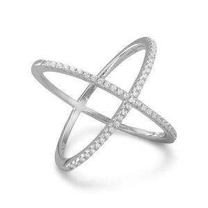 Rhodium Plated Criss Cross 'X' Ring with Signity CZs - Joyeria Lady