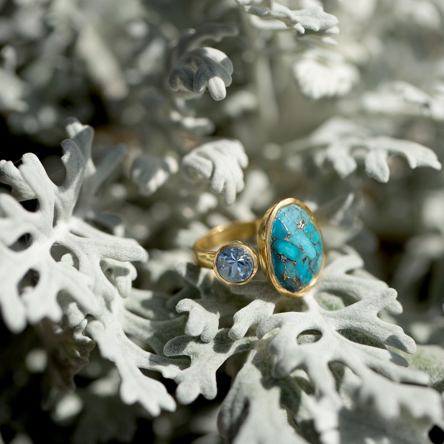 14 Karat Gold Plated Ring with Blue Topaz and Turquoise - Joyeria Lady