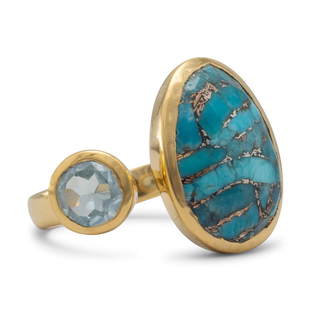 14 Karat Gold Plated Ring with Blue Topaz and Turquoise - Joyeria Lady