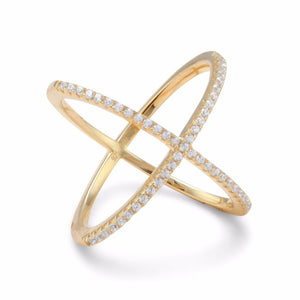 18 Karat Gold Plated Criss Cross 'X' Ring with Signity CZs - Joyeria Lady
