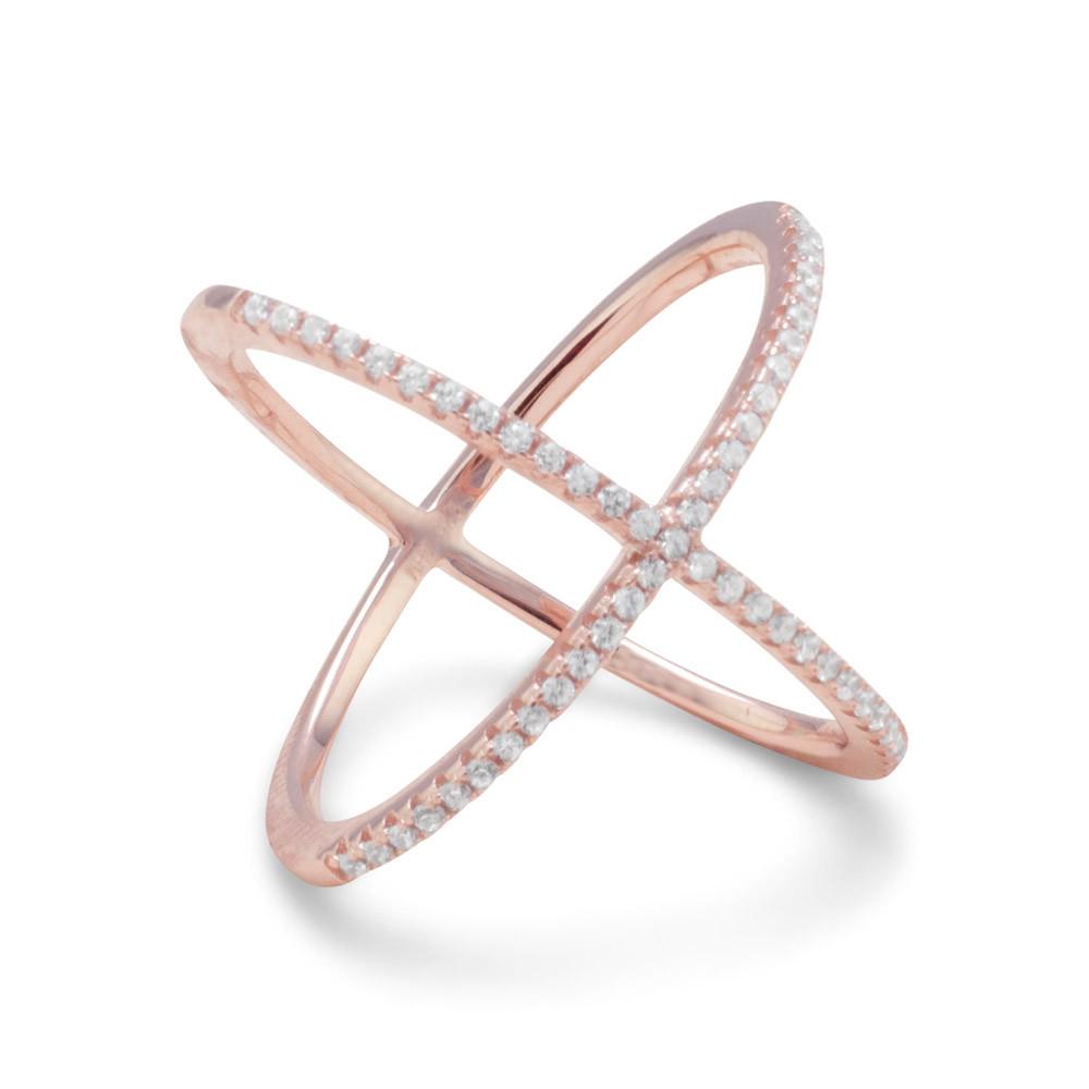 18 Karat Rose Gold Plated Criss Cross 'X' Ring with Signity CZs - Joyeria Lady