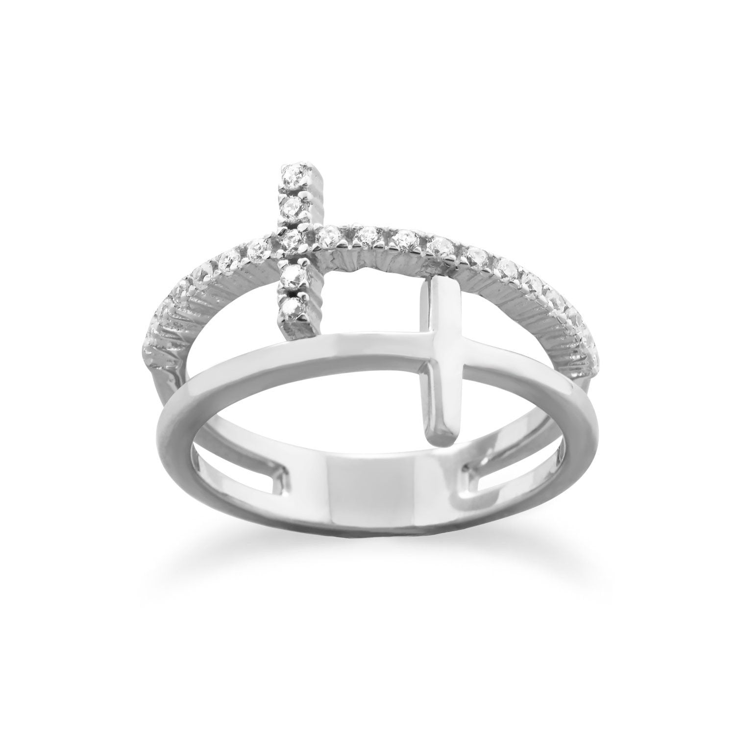 Rhodium Plated Double Cross Ring - Joyeria Lady