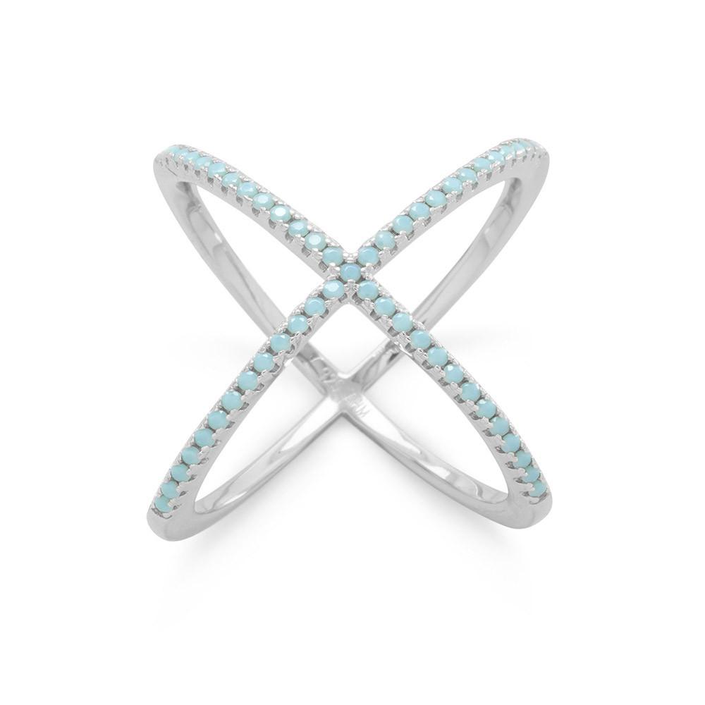 Rhodium Plated Criss Cross 'X' Ring with Blue CZs - Joyeria Lady