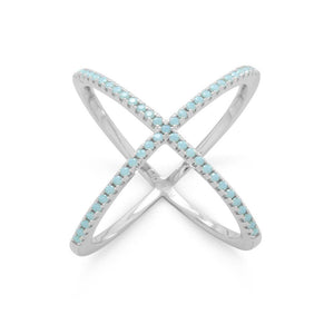 Rhodium Plated Criss Cross 'X' Ring with Blue CZs - Joyeria Lady