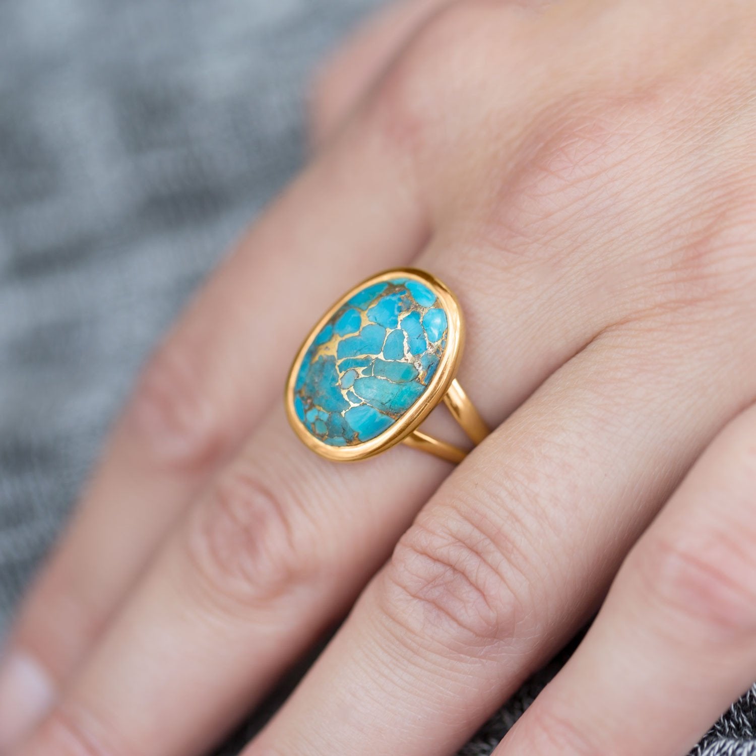 14 Karat Gold Plated Stabilized Turquoise Ring - Joyeria Lady