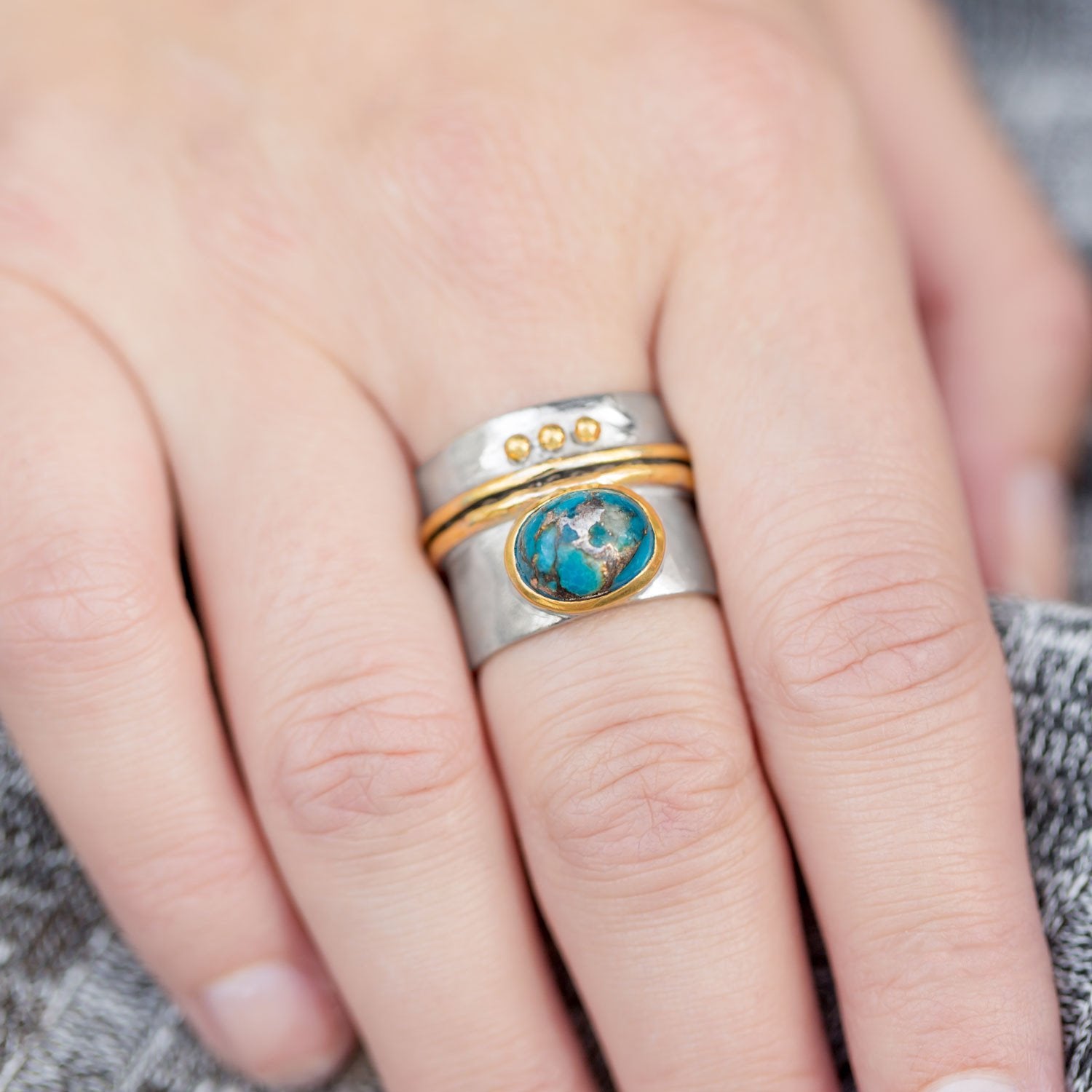 Two Tone Stabilized Turquoise Ring - Joyeria Lady