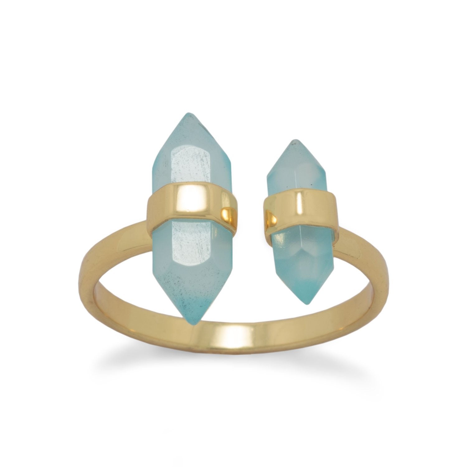14 Karat Gold Plated Spike Pencil Cut Aqua Chalcedony Split Ring - Joyeria Lady
