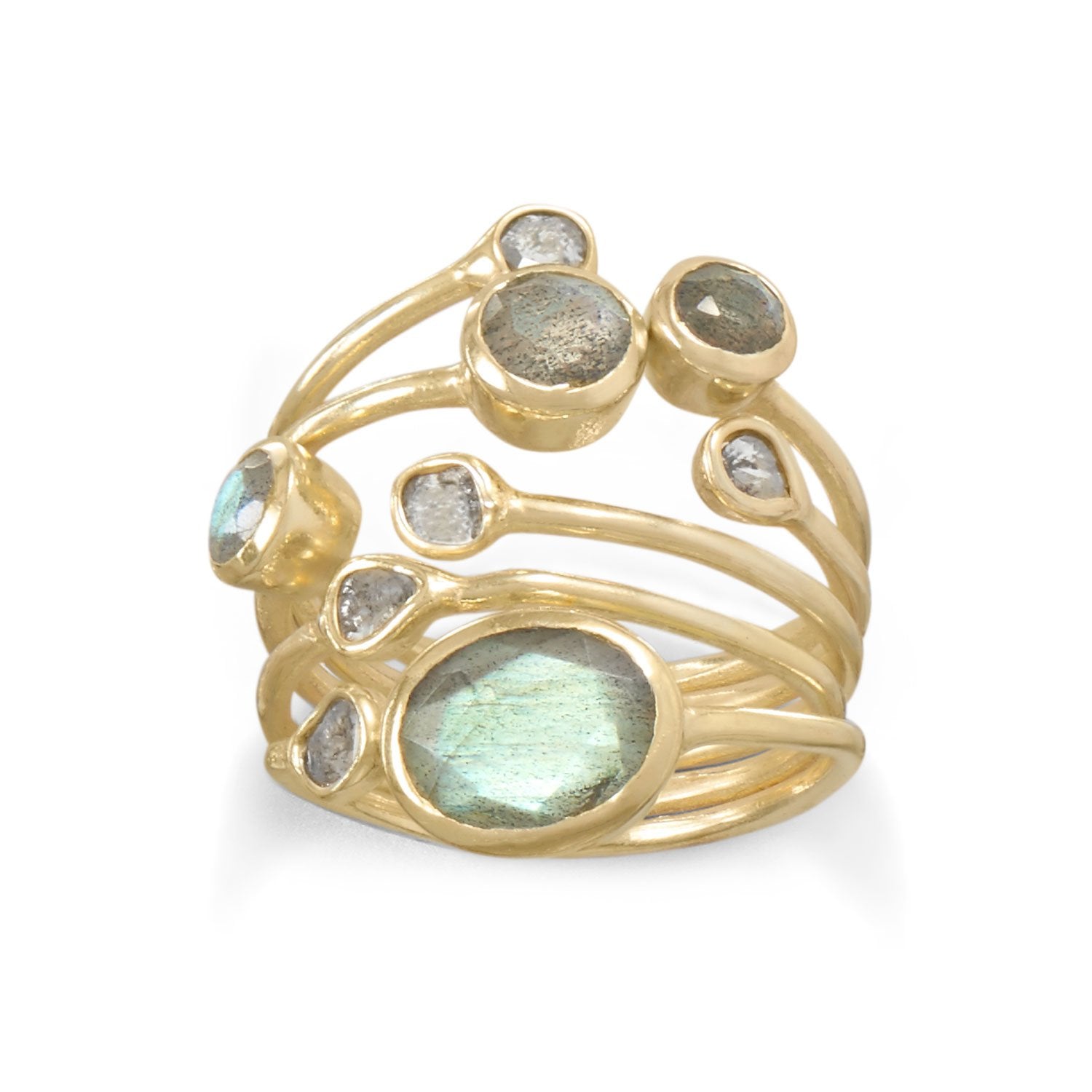 14 Karat Gold Plated Polki Diamond and Labradorite Multi-row Stacked Ring - Joyeria Lady