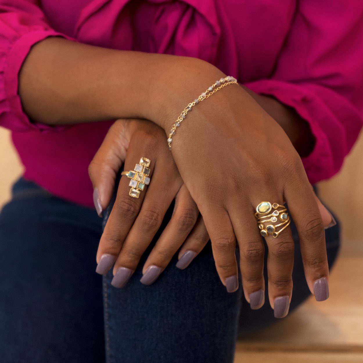 14 Karat Gold Plated Polki Diamond and Labradorite Multi-row Stacked Ring - Joyeria Lady