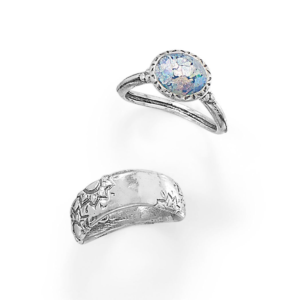 Oxidized Two Piece Ancient Roman Glass Ring Set - Joyeria Lady