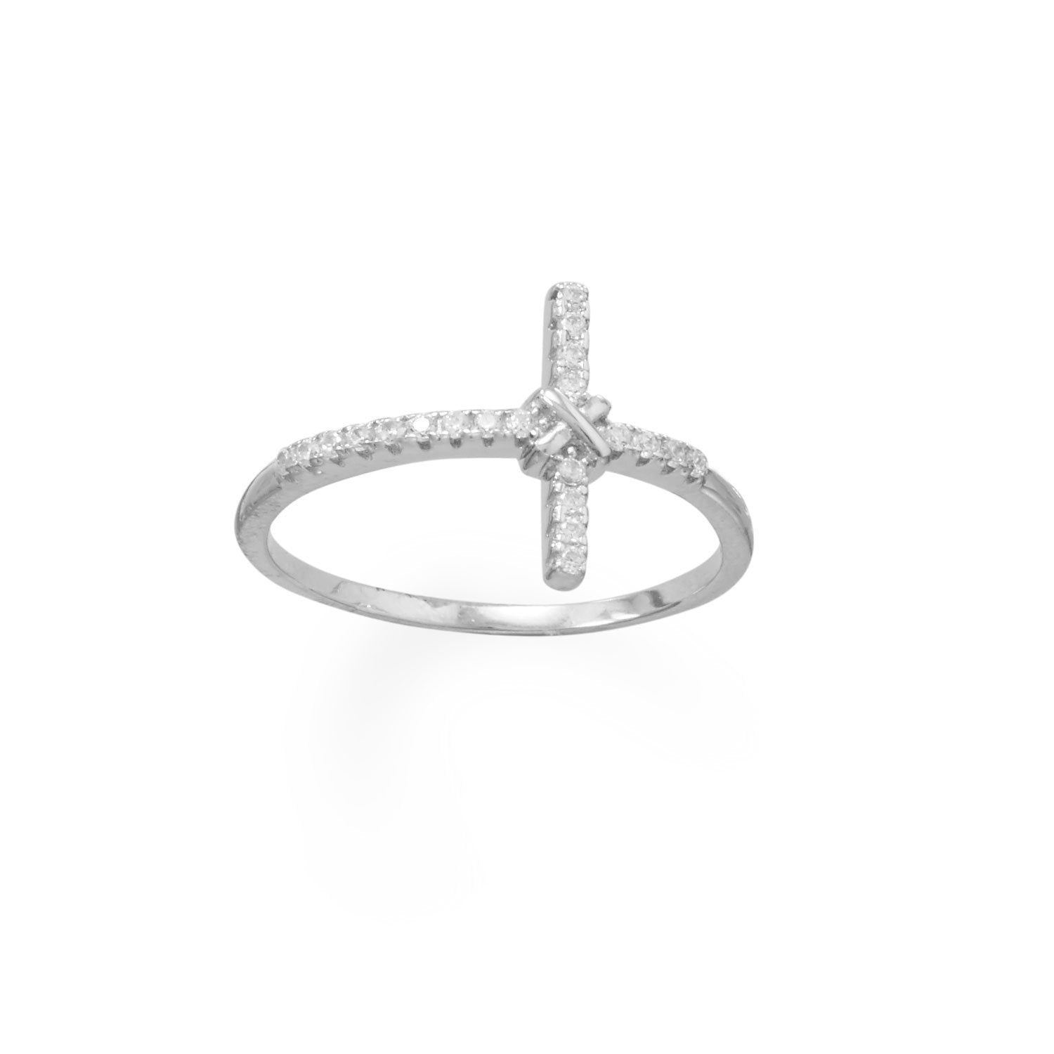 Rhodium Plated CZ Sideways Cross Ring - Joyeria Lady