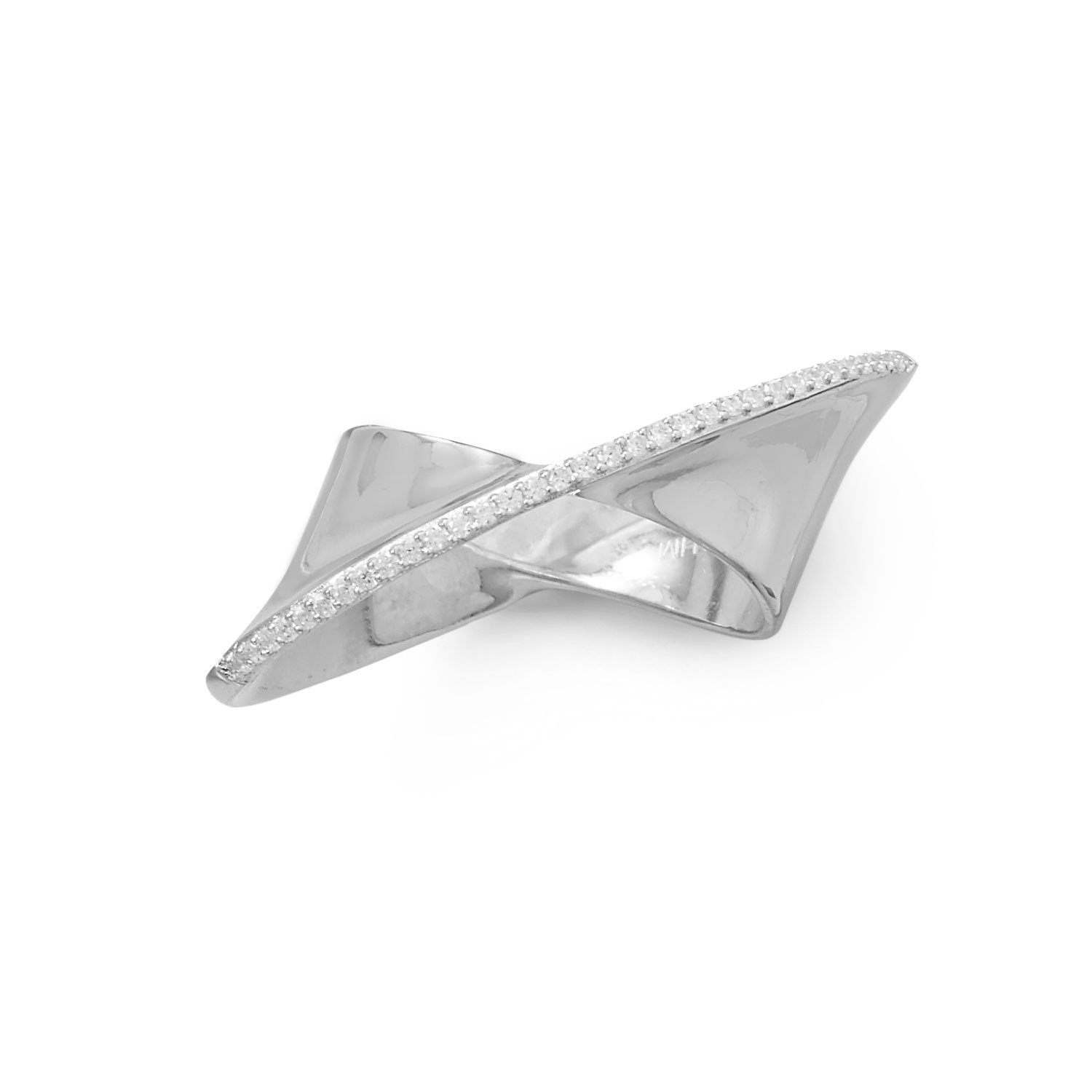 Rhodium Plated Diagonal CZ Ribbon Ring - Joyeria Lady