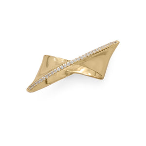 14 Karat Gold Plated Diagonal CZ Ribbon Ring - Joyeria Lady