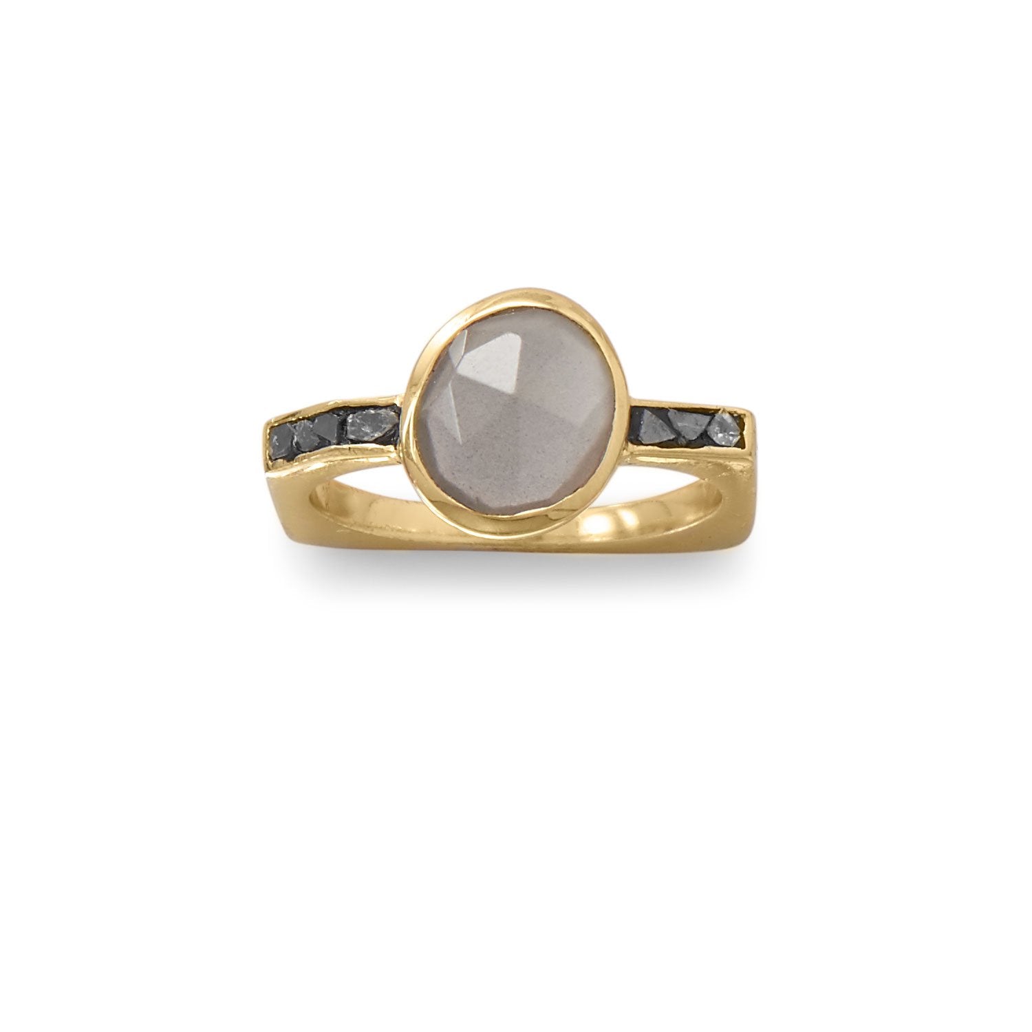 14 Karat Gold Plated Grey Moonstone and Diamond Chips Ring - Joyeria Lady