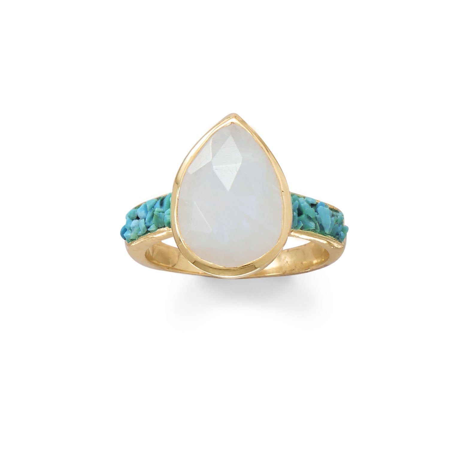 14 Karat Gold Plated Rainbow Moonstone and Crushed Turquoise Ring - Joyeria Lady
