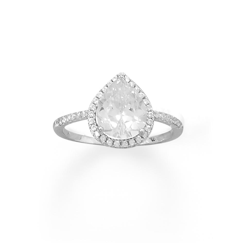Rhodium Plated Pear CZ Ring with CZ Edge - Joyeria Lady