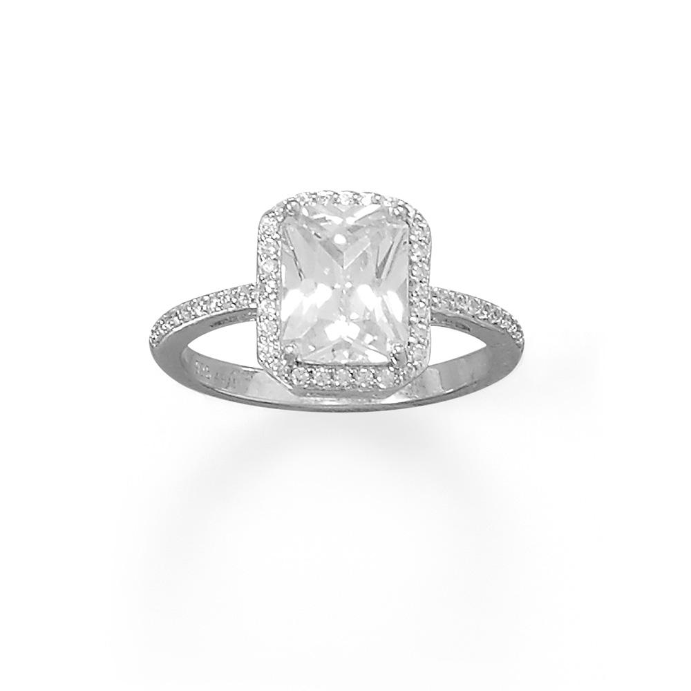 Rhodium Plated Cushion CZ Ring with CZ Edge - Joyeria Lady