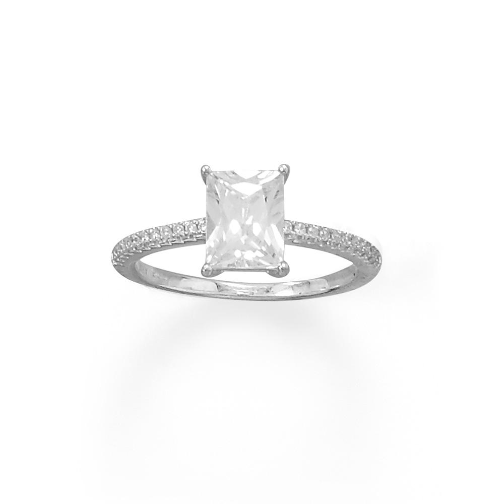 Rhodium Plated Baguette Cut CZ Ring with CZ Band - Joyeria Lady