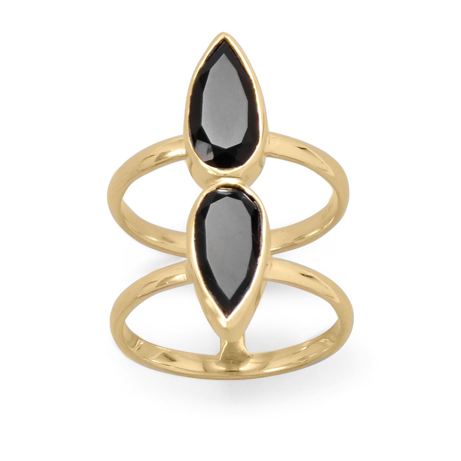 14 Karat Gold Plated Double Pear Onyx Ring - Joyeria Lady