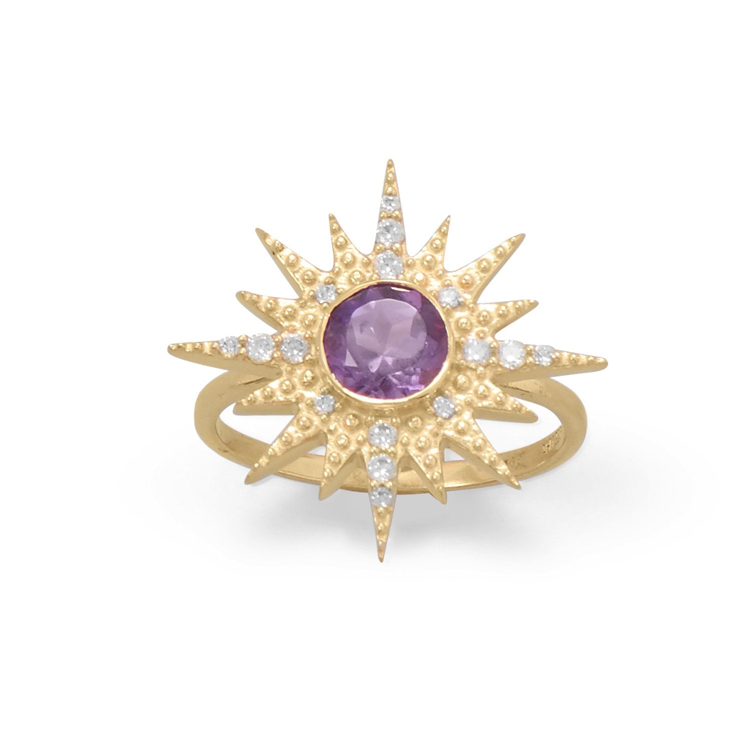 14 Karat Gold Plated CZ Sunburst with Amethyst Ring - Joyeria Lady